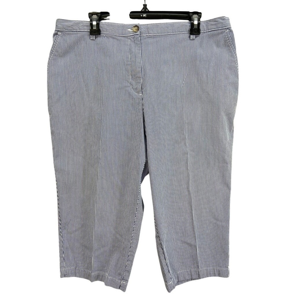 Lands End Pants Womens Sz 18P High Rise Straight Leg Striped Capris Blue White
